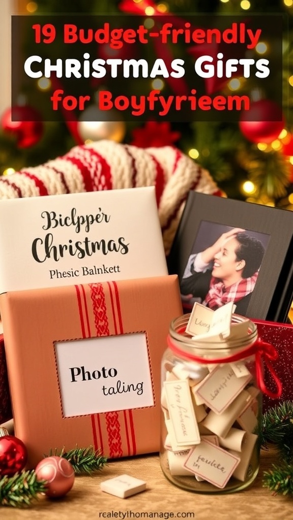 A collection of affordable Christmas gifts for a boyfriend, including a blanket, photo album, and love notes, set in a festive holiday setting.